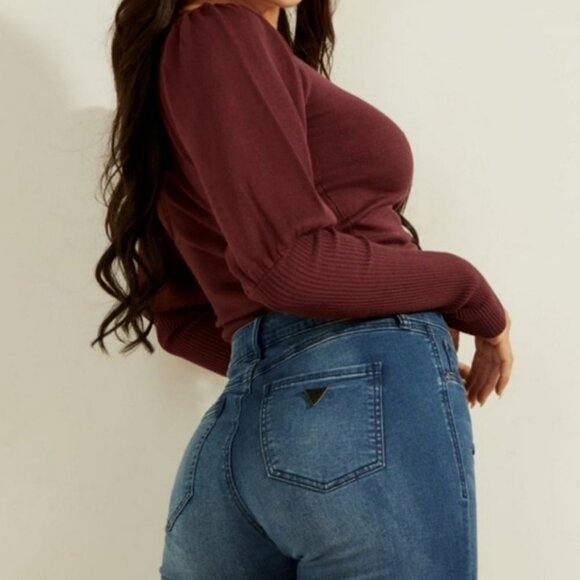 Guess Layla Puff Sleeve Cropped Sweater Cinch Drawstring Ribbed Knit Size Medium - Picture 3 of 13